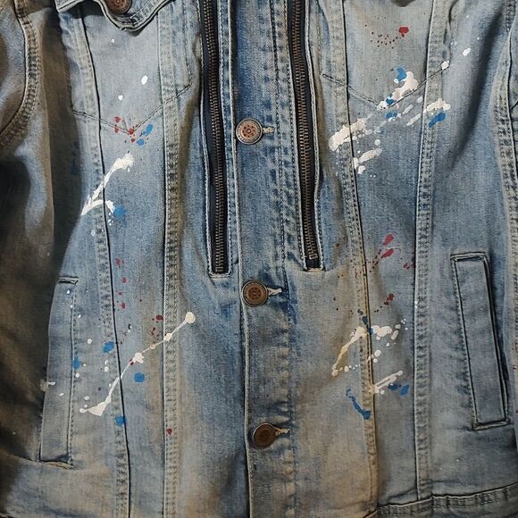 Cooper Rivet distressed denim paint splash jean multi media jacket Sz S - Picture 6 of 11